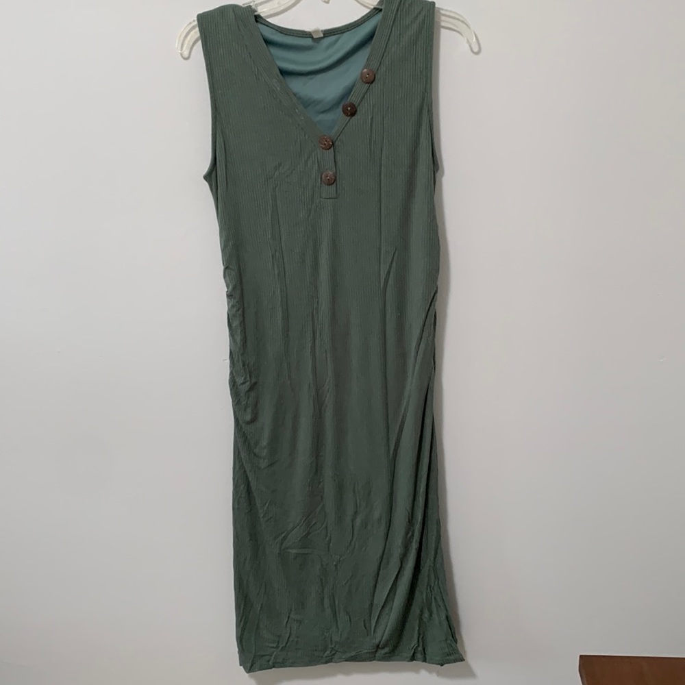 PinkBlush Sage Green Ribbed Button Front Ruched Fitted Maternity Dress